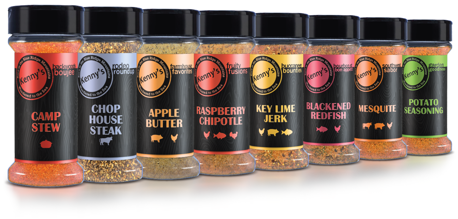 Row of Kenny's Seasonings jars with various labels on a white background